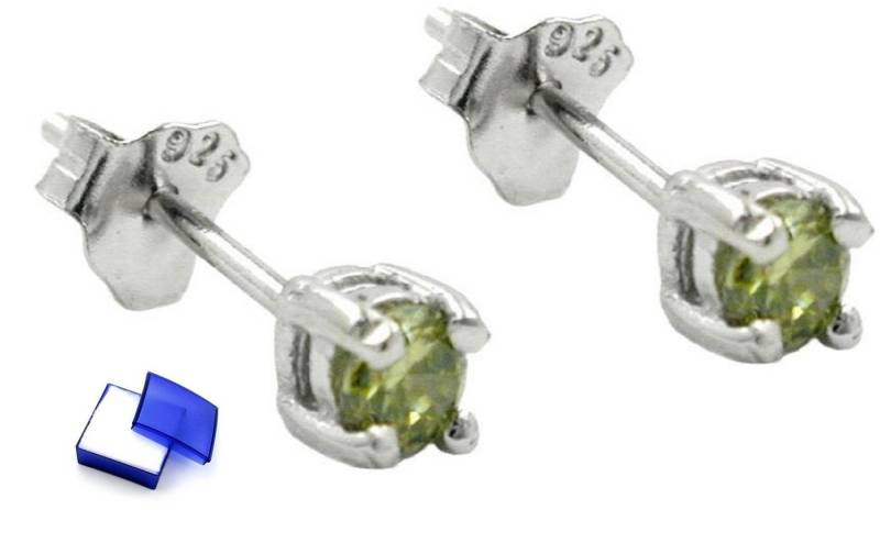 unbespielt Paar Ohrstecker Ohrringe olivfarbener Glasstein rhodiniert 925 Silber 3 x 3 mm, Silberschmuck für Damen und Herren von unbespielt