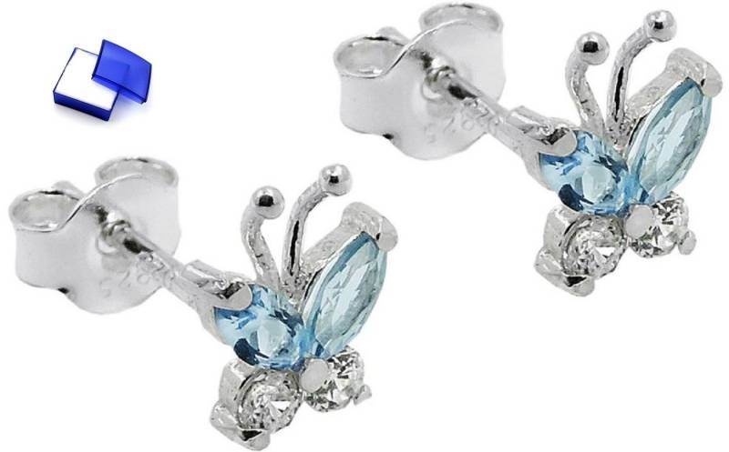 unbespielt Paar Ohrstecker Ohrringe Schmetterling Zirkonia weiss u. Aquamarin 925 Silber 7 x 6 mm, Silberschmuck für Damen von unbespielt