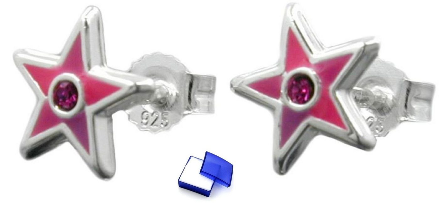 unbespielt Paar Ohrstecker Ohrringe Stecker Kinderohrringe Stern pink lackiert mit rosa Glasstein 925 Silber 8 mm inklusive Schmuckbox, Silberschmuck für Kinder von unbespielt