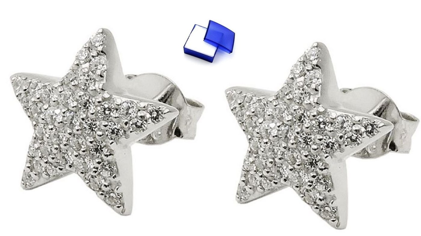 unbespielt Paar Ohrstecker Ohrringe Stern mit Zirkonias weiß 925 Silber 10 x 10 mm kl. Schmuckbox, Silberschmuck für Damen von unbespielt