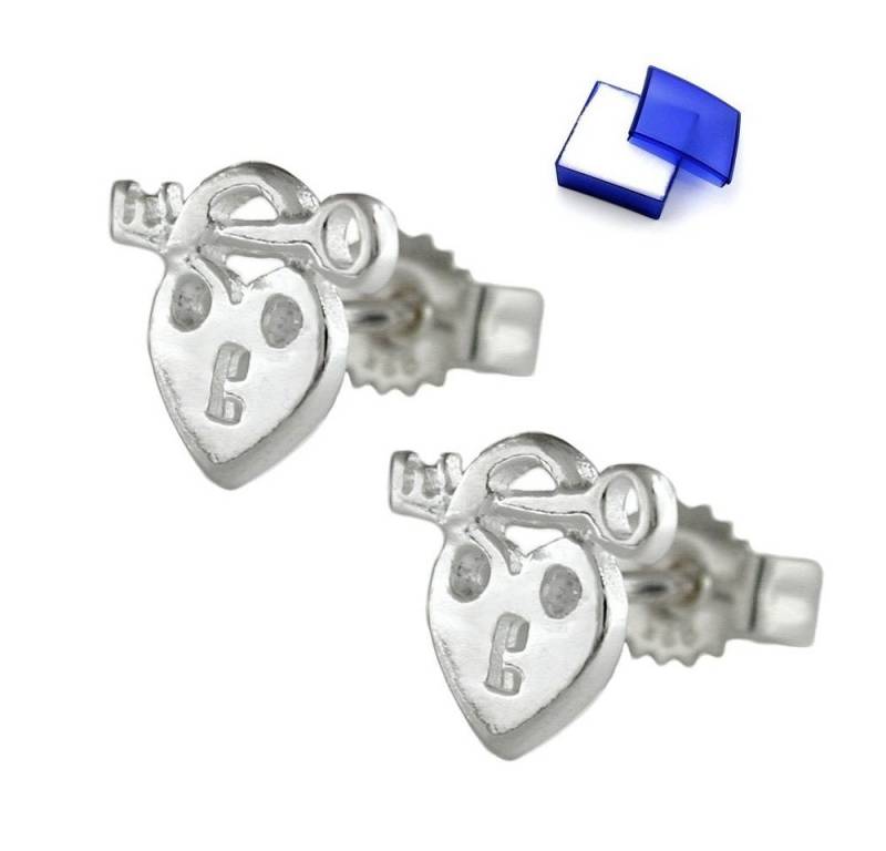 unbespielt Paar Ohrstecker Ohrstecker Herz mit Schlüssel Zirkonias glänzend 925 Silber 9 x 8 mm, Silberschmuck für Damen von unbespielt