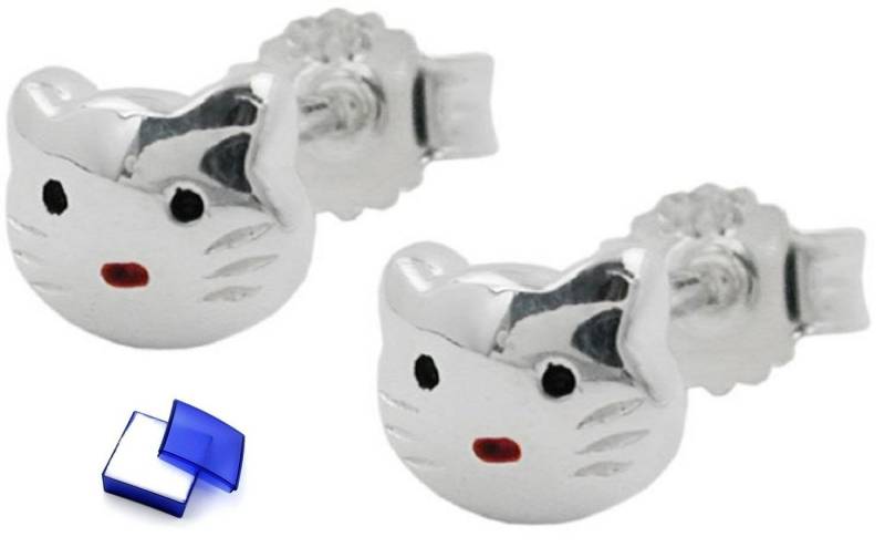 unbespielt Paar Ohrstecker Kinderohrringe Katzenkopf rot-schwarz lackiert 5 x 6 mm 925 Silber, Silberschmuck für Kinder von unbespielt