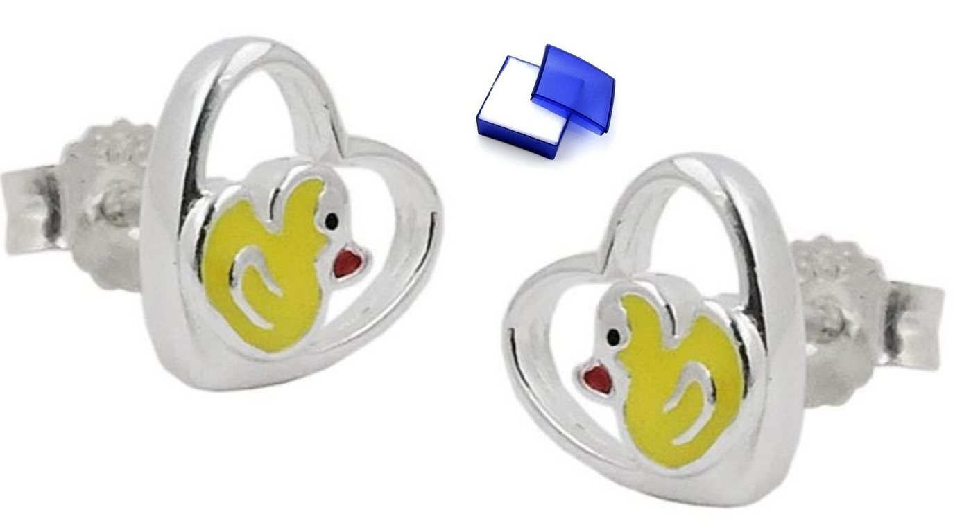 unbespielt Paar Ohrstecker Ohrstecker Ohrringe kleine Ente im Herz farbig lackiert 925 Silber 8 mm inklusive Schmuckbox, Silberschmuck für Kinder von unbespielt