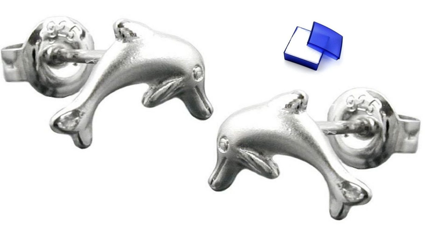 unbespielt Paar Ohrstecker Ohrstecker springender Delfin matt glänzend rhodiniert 925 Silber 10 x 5 mm inkl. Schmuckbox, Silberschmuck für Kinder von unbespielt