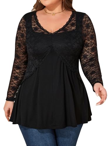 unewmy Schwarze Spitze V-Ausschnitt Rüschen Tops für Übergröße Frauen Langarm Elegant Formelle Party T-Shirt Tunika Bluse EU 46-56, Schwarz , 4XL von unewmy