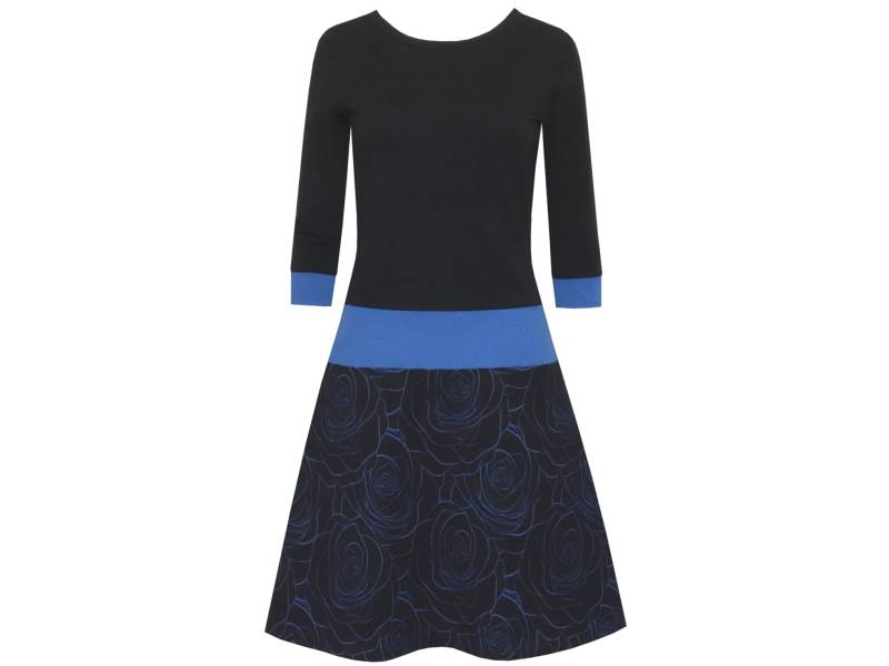 Herbstkleid Marie Von Ungiko Ausgestelltes Rockteil Knielanges Kleid A-Linie Royalblau Uns Schwarz Blumenmuster Runder Ausschnitt 3/4 Ärmel von ungiko