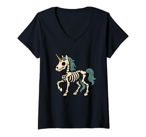 Damen Einhorn Skelett Fantasie T-Shirt mit V-Ausschnitt von unicorn skeleton fantasy bones cute spooky
