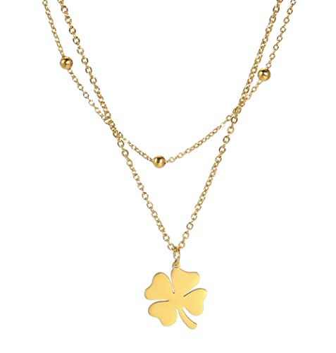 UNIFT Vierblättrige Kleeblatt-Halskette für Frauen Edelstahl zierliche vierblättrige Kleeblatt Double Lucky Anhänger Halskette Amulett Halskette Schmuck Freundschaft Geschenke (Gold) von UNIFT