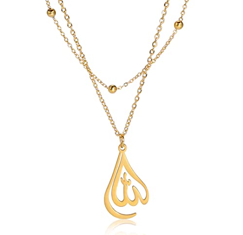 UNIFT Islamische muslimische Allah geschichteten Halsketten für Frauen Edelstahl Charme Wasser Tropfen Herzform Allah Anhänger Double Layer Halskette islamischen Schmuck (Gold) von UNIFT