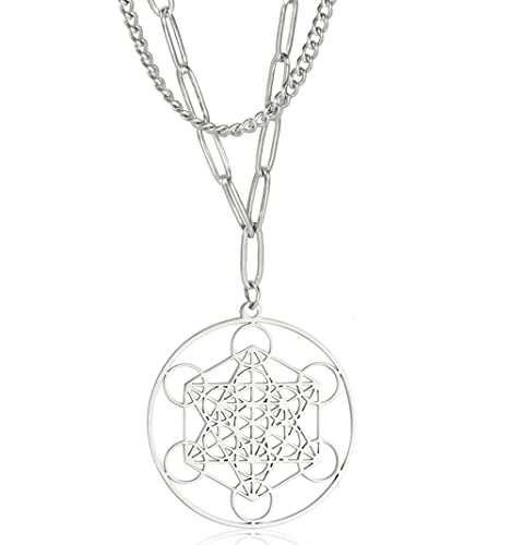 unift Metatrons Würfel-Anhänger-Halskette Für Männer Und Frauen, Edelstahl, Geometrischer Stil, Aushöhlen Siegel Der Erzengel-Halskette, Spirituelle Heilung, Talisman-Schmuck (Silber 1) von unift