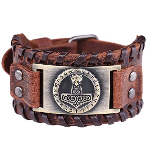 Mjolnir Wikinger-Lederarmband für Herren, nordischer Vintage-Thorshammer mit Runen, verstellbares Armband, keltischer heidnischer Talisman-Schmuck, Ohne Edelstein. von unift