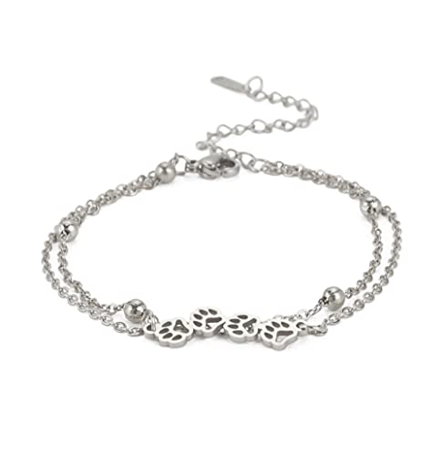 UNIFT Pfote drucken Lagenarmband für Frauen Rostfreier Stahl Aushöhlen Aushöhlen Niedlich Chic Vier Hund Katze Pfote Prints Double Layer Armband Schmuck (Silber 1) von UNIFT