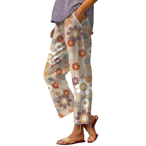 7/8 Sommer Leinenhose Damen Leichte Baggy Weite Beine Hose Stoffhose High Waist Lässige Loose Freizeithose Caprihose Elegant Blumen Bedruckt Baumwolle Leinen Hosen Haremshose mit Taschen von unilarinna