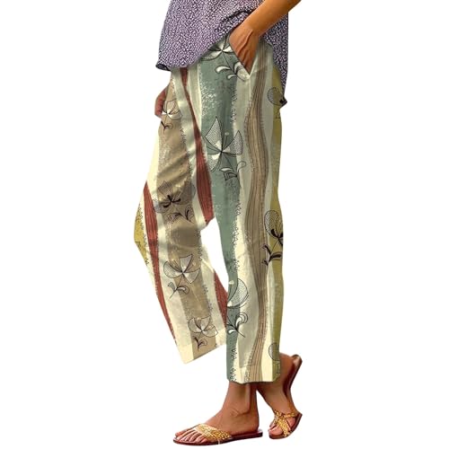 7/8 Sommer Leinenhose Damen Leichte Baggy Weite Beine Hose Stoffhose High Waist Lässige Loose Freizeithose Caprihose Elegant Blumen Bedruckt Baumwolle Leinen Hosen Haremshose mit Taschen von unilarinna
