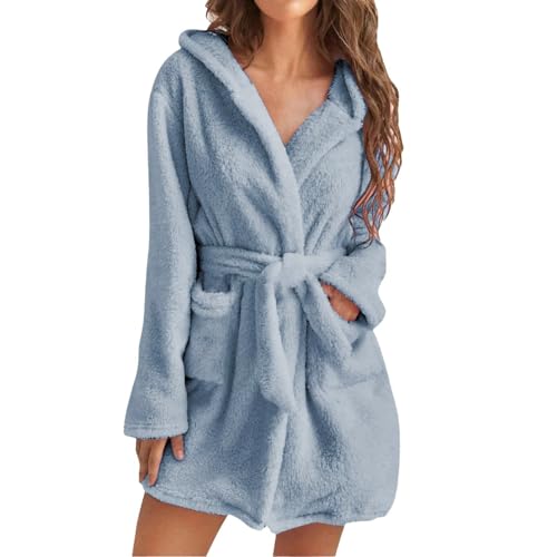 Bademantel Damen Kurz mit Kapuze Oversized Morgenmantel Leicht Frottee Saunamantel Flauschig Loungewear Fleece Hausmantel Kimono Bathrobe Herbst Winter Frottier-Bademantel Baumwolle Frotteekleid von unilarinna