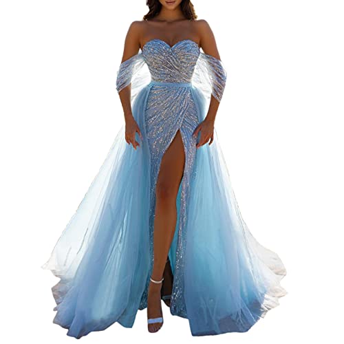 Damen Abendkleid Lange Ärmel Schulterfreie Pailletten Ballkleid Mesh Frau Schulter Flauschige Sarong Slim Fit Kleid Elegant Rock Plus Size Maxikleider Schönes Cocktailkleid Partykleid von unilarinna