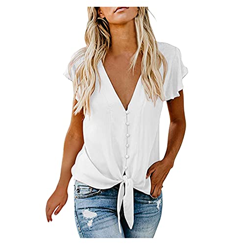 Damen Blusen Sommer tiefer V-Ausschnitt Oberteil Ärmel Button-Down-Krawatte vorne Casual Tops Shirts Damen-Sommer-Volltonfarbe Hemdbluse mit V-Leader-Knopf zum Binden lässiges Top-Shirt von unilarinna