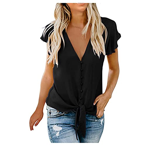 Damen Blusen Sommer tiefer V-Ausschnitt Oberteil Ärmel Button-Down-Krawatte vorne Casual Tops Shirts Damen-Sommer-Volltonfarbe Hemdbluse mit V-Leader-Knopf zum Binden lässiges Top-Shirt von unilarinna