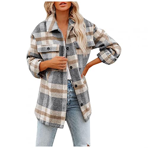 Damen Herbst Winter Casual Oversized Hemdjacke Knöpfen Langarmshirt Bluse Karierte Jacke Flanell Kariert Langarm Button-down Hemd Freizeit Urban mit Tasche von unilarinna