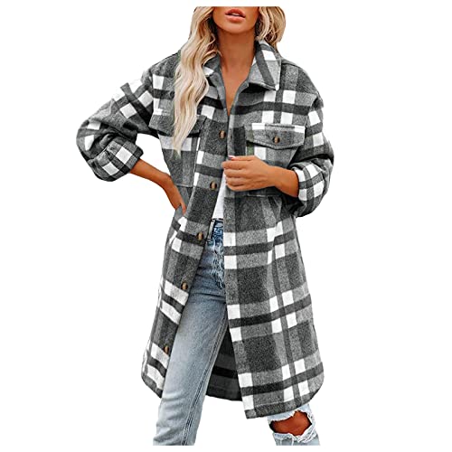 Damen Holzfällerjacke Hemd Karierte KnöpfeKurz Leichte Bluese Jacke E-Girl Style Herbst Oberteile Langarm Jacke E-Girl Style Herbst Oberteile Top mit Karomuster Taschen von unilarinna