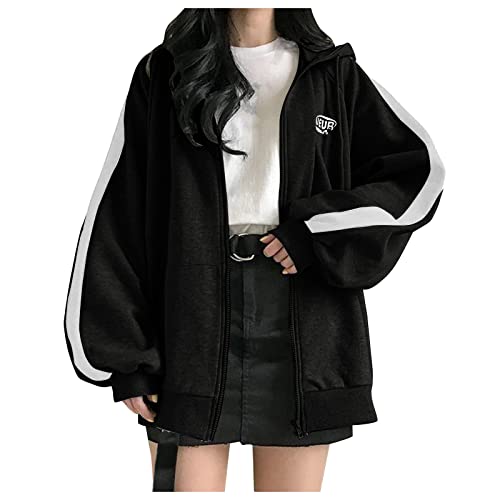 Damen Kapuzenjacke Y2k Jacke Damen Langarm Oversize Sweatjacke Hooded Full Zip Sportjacke Hoodie Frühling Gothic Skellet Drucken Kapuzenpulli Streetwear Y2K Sweatshirt Sweatjacke Schwarz XL von unilarinna