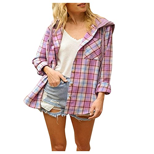 Damen Karrierte Jacke Hemd Mantel Langarm Bluse Frauen Flanellhemd Karo Hemdbluse Knöpfen Freizeithemd Hemdjacke Kariertes Knöpfe Blusenshirt Oversize Übergangsjacke Boyfriend Jacken Oberteil von unilarinna