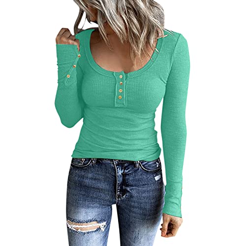 Damen Lange Ärmel T-Shirt Knopf-Stil Slim Fit Bluse Großes Rippstrick-Shirt mit Rundhalsausschnitt Casual eng anliegendes Langen Ärmeln und U-Ausschnitt in einfarbigen Farben Langarmshirt von unilarinna