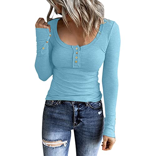 Damen Lange Ärmel T-Shirt Knopf-Stil Slim Fit Bluse Großes Rippstrick-Shirt mit Rundhalsausschnitt Casual eng anliegendes Langen Ärmeln und U-Ausschnitt in einfarbigen Farben Langarmshirt von unilarinna