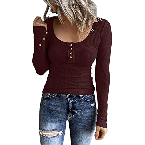 Damen Lange Ärmel T-Shirt Knopf-Stil Slim Fit Bluse Großes Rippstrick-Shirt mit Rundhalsausschnitt Casual eng anliegendes Langen Ärmeln und U-Ausschnitt in einfarbigen Farben Langarmshirt von unilarinna