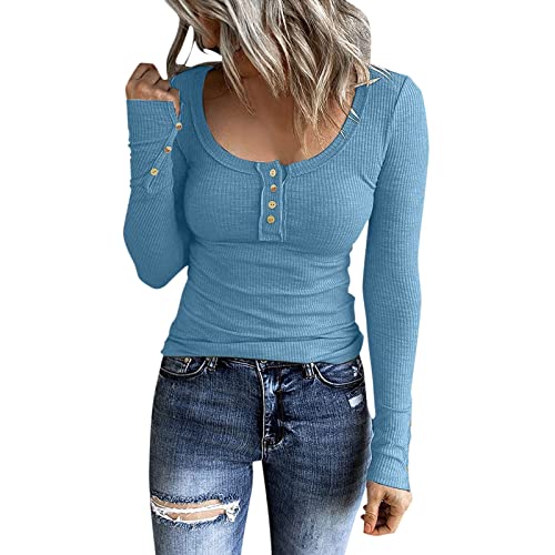 Damen Lange Ärmel T-Shirt Knopf-Stil Slim Fit Bluse Großes Rippstrick-Shirt mit Rundhalsausschnitt Casual eng anliegendes Langen Ärmeln und U-Ausschnitt in einfarbigen Farben Langarmshirt von unilarinna