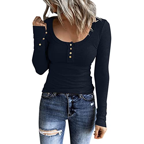 Damen Lange Ärmel T-Shirt Knopf-Stil Slim Fit Bluse Großes Rippstrick-Shirt mit Rundhalsausschnitt Casual eng anliegendes Langen Ärmeln und U-Ausschnitt in einfarbigen Farben Langarmshirt von unilarinna