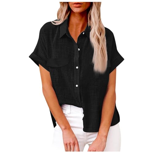 Damen Leinen Hemd Elegant mit Knopfleiste Tasche Sommer Oversized Kurzarm Blusen Langärmeliges Shirt Oberteile Reverskragen Elegant Shirts Bluse Oberteile Einfarbig Basic Unterhemd Top von unilarinna