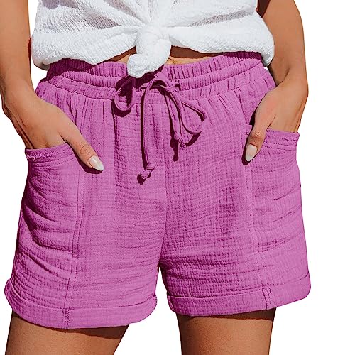 Damen Shorts Sommer Mode Lässige Musselin Hose mit hoher Taille Gerades Bein Sport Lässige Lockere Shorts mit Kordelzug Kurze Hose mit Taschen Gummiband Freizeit Shorts Elastische Stoffhose von unilarinna