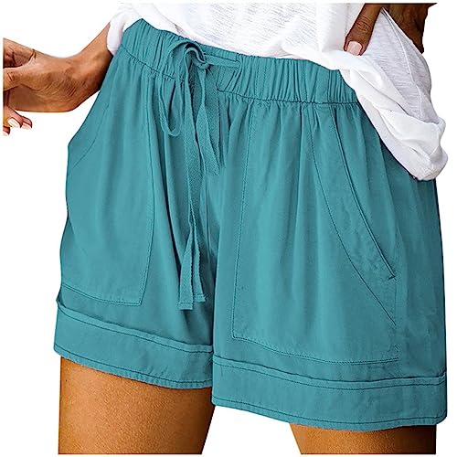 Damen Shorts Sommer Mode Lässige Musselin Hose mit hoher Taille Gerades Bein Sport Lässige Lockere Shorts mit Kordelzug Kurze Hose mit Taschen Gummiband Freizeit Shorts Elastische Stoffhose von unilarinna