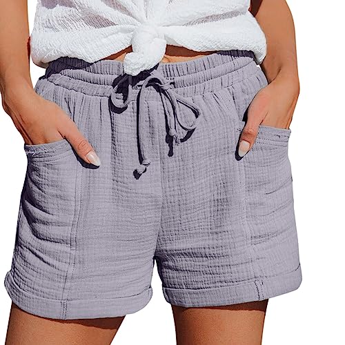 Damen Shorts Sommer Mode Lässige Musselin Hose mit hoher Taille Gerades Bein Sport Lässige Lockere Shorts mit Kordelzug Kurze Hose mit Taschen Gummiband Freizeit Shorts Elastische Stoffhose von unilarinna
