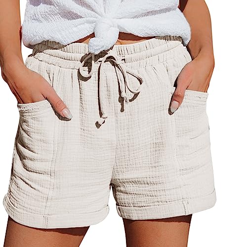 Damen Shorts Sommer Mode Lässige Musselin Hose mit hoher Taille Gerades Bein Sport Lässige Lockere Shorts mit Kordelzug Kurze Hose mit Taschen Gummiband Freizeit Shorts Elastische Stoffhose von unilarinna