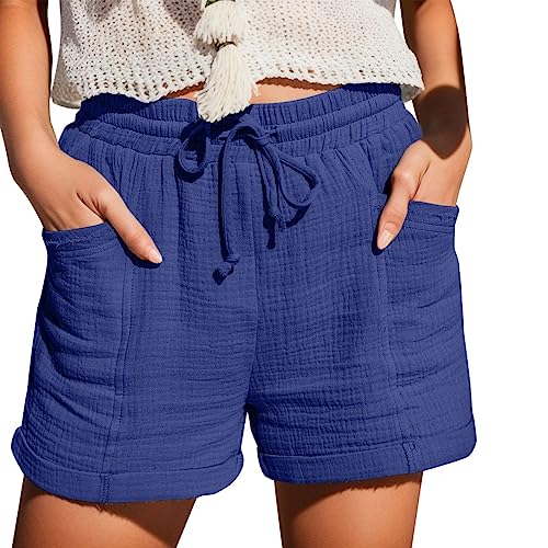Damen Shorts Sommer Mode Lässige Musselin Hose mit hoher Taille Gerades Bein Sport Lässige Lockere Shorts mit Kordelzug Kurze Hose mit Taschen Gummiband Freizeit Shorts Elastische Stoffhose von unilarinna
