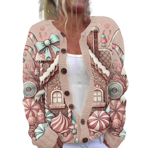 Damen Strickjacke Elegante Weihnachts Strickjacke Damen Lang Strickjacken Weihnachten Aufdruck Cardigan Damen Elegant Strickmantel Frauen Weihnachtsjacke Lose Mantel Langarm Weihnachtspulli von unilarinna