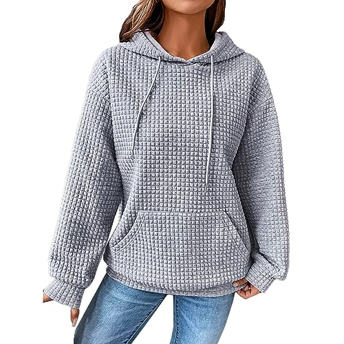 Damen Waffelmuster Hoodie Oversize Kapuzenpullover Langarm Sweatshirt mit Kapuze Solid Color Leicht Pullover Frühling Herbst Langarmshirt Pulli Plaid Hoody mit Kängurutasche Grau S von unilarinna