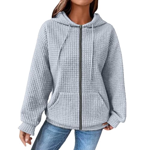Damen Waffelmuster Hoodie Oversize Kapuzenpullover Langarm Sweatshirt mit Kapuze Solid Color Leicht Pullover Frühling Herbst Langarmshirt Pulli Plaid Hoody mit Kängurutasche von unilarinna
