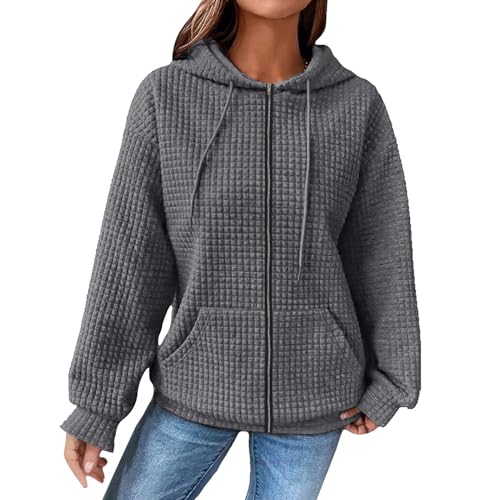 Damen Waffelmuster Hoodie Oversize Kapuzenpullover Langarm Sweatshirt mit Kapuze Solid Color Leicht Pullover Frühling Herbst Langarmshirt Pulli Plaid Hoody mit Kängurutasche von unilarinna