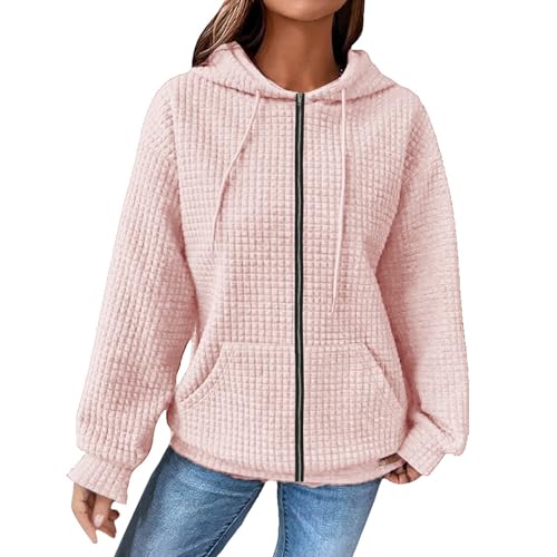 Damen Waffelmuster Hoodie Oversize Kapuzenpullover Langarm Sweatshirt mit Kapuze Solid Color Leicht Pullover Frühling Herbst Langarmshirt Pulli Plaid Hoody mit Kängurutasche von unilarinna