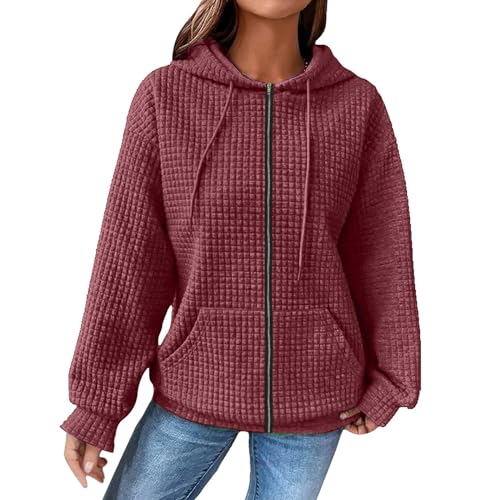 Damen Waffelmuster Hoodie Oversize Kapuzenpullover Langarm Sweatshirt mit Kapuze Solid Color Leicht Pullover Frühling Herbst Langarmshirt Pulli Plaid Hoody mit Kängurutasche von unilarinna