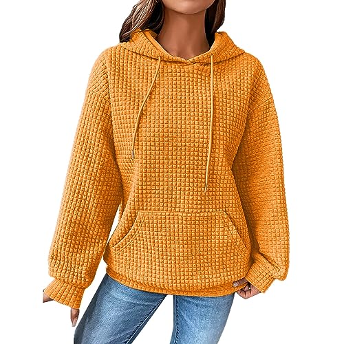 Damen Waffelmuster Hoodie Oversize Kapuzenpullover Langarm Sweatshirt mit Kapuze Solid Color Leicht Pullover Frühling Herbst Langarmshirt Pulli Plaid Hoody mit Kängurutasche von unilarinna