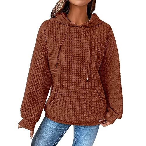 Damen Waffelmuster Hoodie Oversize Kapuzenpullover Langarm Sweatshirt mit Kapuze Solid Color Leicht Pullover Frühling Herbst Langarmshirt Pulli Plaid Hoody mit Kängurutasche von unilarinna
