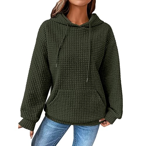 Damen Waffelmuster Hoodie Oversize Kapuzenpullover Langarm Sweatshirt mit Kapuze Solid Color Leicht Pullover Frühling Herbst Langarmshirt Pulli Plaid Hoody mit Kängurutasche von unilarinna