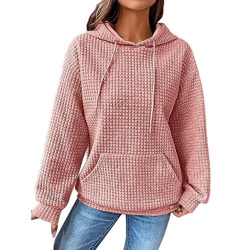 Damen Waffelmuster Hoodie Oversize Kapuzenpullover Langarm Sweatshirt mit Kapuze Solid Color Leicht Pullover Frühling Herbst Langarmshirt Pulli Plaid Hoody mit Kängurutasche von unilarinna