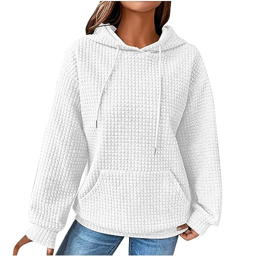 Damen Waffelmuster Hoodie Oversize Kapuzenpullover Langarm Sweatshirt mit Kapuze Solid Color Leicht Pullover Frühling Herbst Langarmshirt Pulli Plaid Hoody mit Kängurutasche von unilarinna