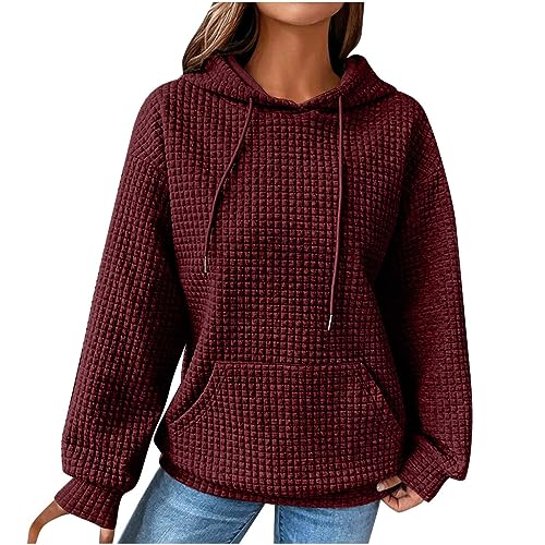 Damen Waffelmuster Hoodie Oversize Kapuzenpullover Langarm Sweatshirt mit Kapuze Solid Color Leicht Pullover Frühling Herbst Langarmshirt Pulli Plaid Hoody mit Kängurutasche von unilarinna