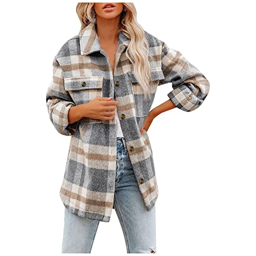 Flannel Hemd Frauen Kariert Flanellhemd Damen Jacke Oversize Mantel HolzfäLler Hemdjacke Karierte Warm Langarmshirt Frühling Winter Flanell Lang Oberteil Langarm Bluse Locker Shirt Top (Khaki, L) von unilarinna